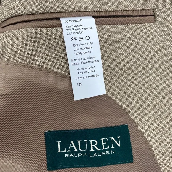 Lauren Ralph Lauren LRL Blazer Mens 40S Tan Linen Blend 2 Button Sport Coat